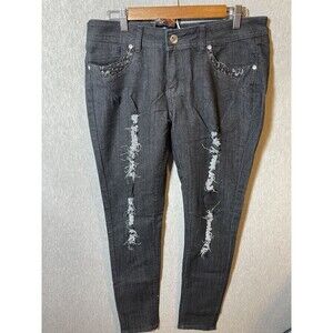Queen Jeans Women's Size 15 Distressed Ripped Skinny Jeans Dark Wash Black